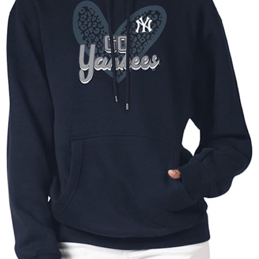 4HER NEW YORK YANKEES WOMENS NAVY BLUE LEOPARD HEART HOODED SWEATSHIRT
